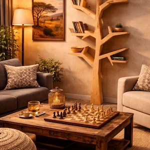 May include: A cozy living room scene featuring a wooden coffee table with a chess set, a gray sofa with patterned pillows, and a unique tree-shaped bookshelf. A framed landscape painting hangs on the wall, and a floor lamp provides warm lighting.