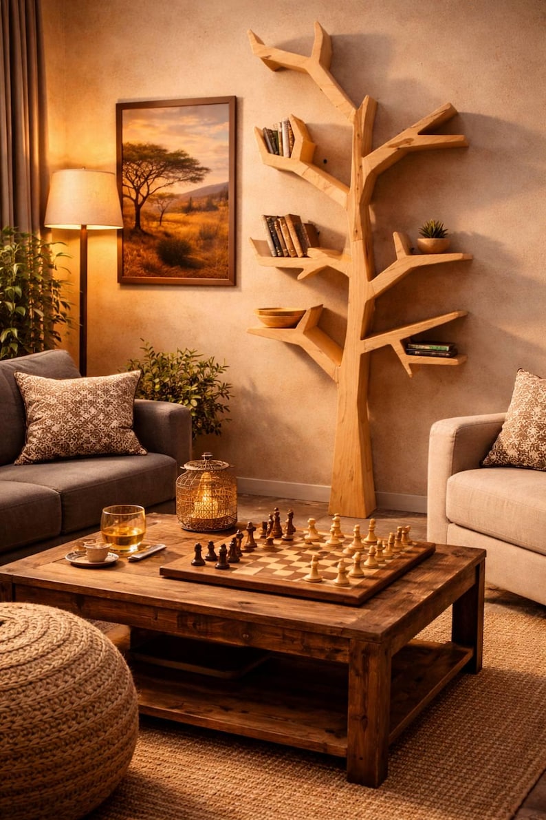 May include: A cozy living room scene featuring a wooden coffee table with a chess set, a gray sofa with patterned pillows, and a unique tree-shaped bookshelf. A framed landscape painting hangs on the wall, and a floor lamp provides warm lighting.