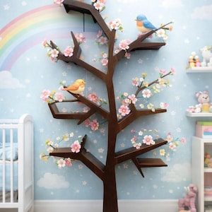 May include: A dark brown wooden tree-shaped shelf unit with multiple shelves, adorned with pink blossoms and perched with colorful bird figurines. The unit stands on a white base, set against a pastel blue wall with a rainbow and clouds.