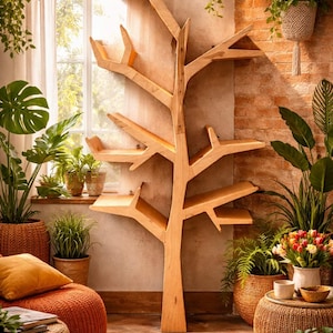 May include: A wooden tree-shaped shelf unit with multiple branches and shelves. The light-colored wood contrasts with the surrounding greenery, including potted plants and hanging baskets. The room has a warm, inviting atmosphere with natural light.