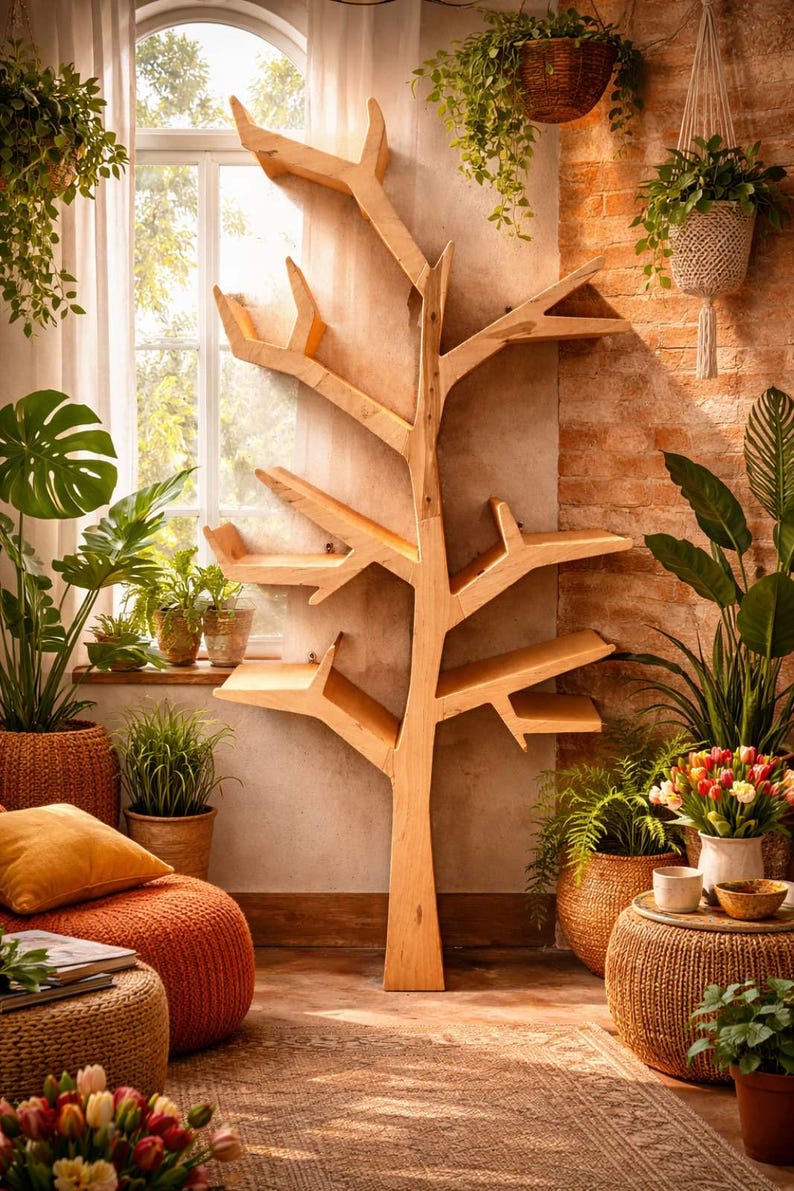 May include: A wooden tree-shaped shelf unit with multiple branches and shelves. The light-colored wood contrasts with the surrounding greenery, including potted plants and hanging baskets. The room has a warm, inviting atmosphere with natural light.
