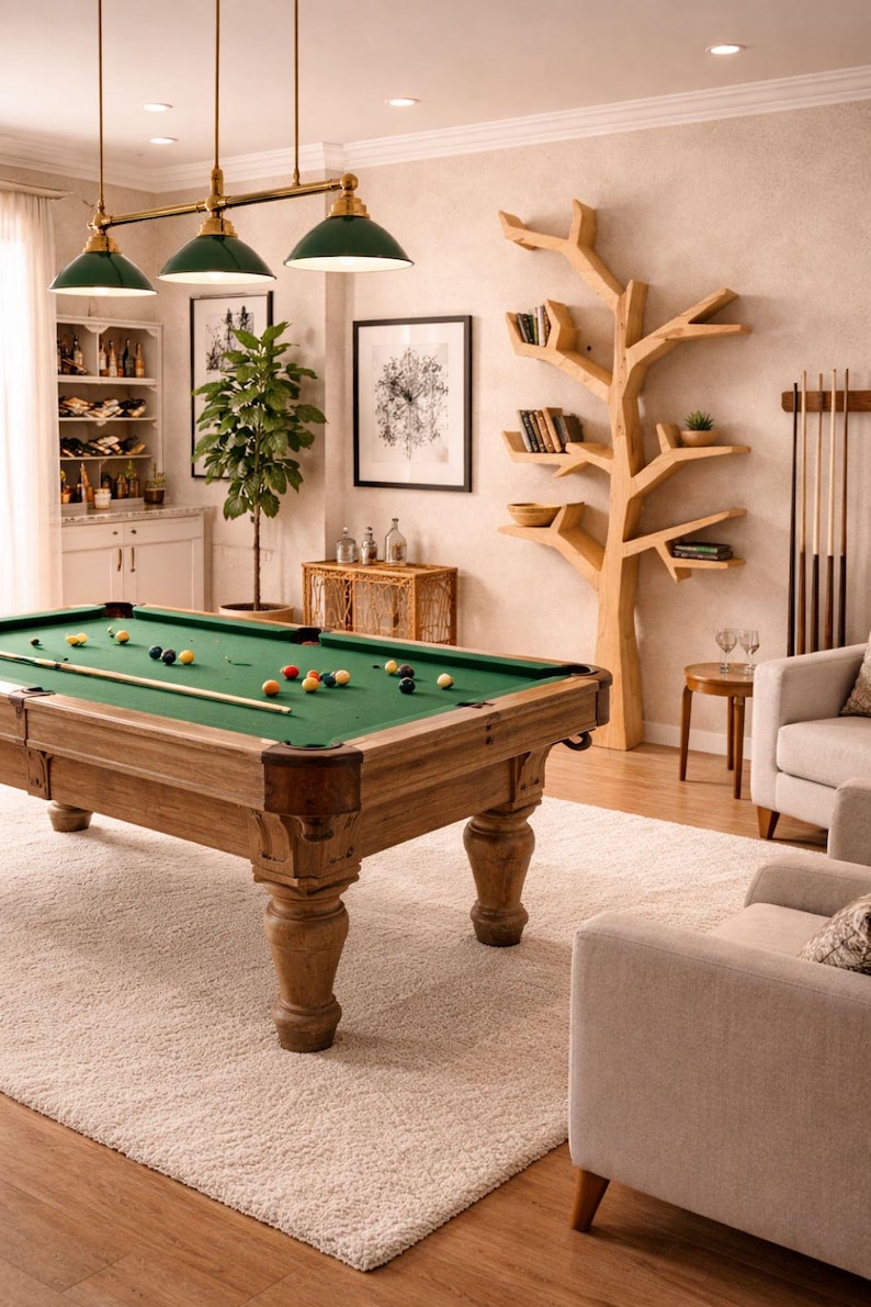 May include: A well-lit game room featuring a pool table with a green felt surface and wooden frame. The room includes a tree-shaped bookshelf, framed artwork, and a cream-colored rug. Overhead, three green and gold pendant lights illuminate the scene.