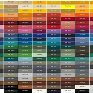 May include: A chart of 180 different RAL colour swatches, a standardised colour system used in Europe. The chart is organised in rows and columns, with each swatch labelled with its corresponding RAL number.