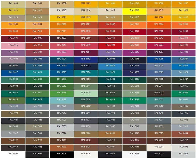 May include: A chart of 180 different RAL colour swatches, a standardised colour system used in Europe. The chart is organised in rows and columns, with each swatch labelled with its corresponding RAL number.