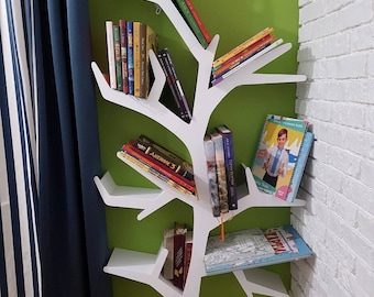 Mid-century tree-shaped bookshelf, Handmade shelves for holding books, Unique tree books cases of kids’ room.