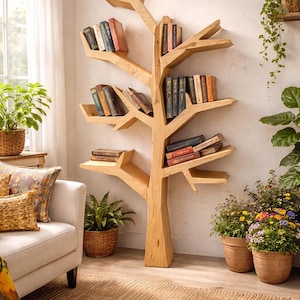 May include: A wooden tree-shaped bookshelf filled with books. The natural wood bookshelf has multiple shelves resembling branches. The room also features a white sofa, plants, and a woven rug, creating a cozy reading nook.