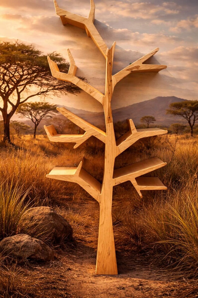 May include: A wooden tree-shaped shelf unit with multiple shelves. The unit is made of light-colored wood and is designed to be mounted on a wall. The background features a landscape with trees and mountains, creating a natural aesthetic.