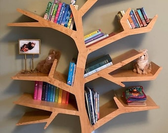 Estantería de madera con forma de árbol, estantería de pared para habitación infantil, decoración de guardería, estantería de pared con forma de árbol, librería de madera hecha a mano, decoración de bosque, estantería Montessori
