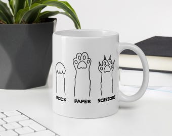 Cat Mug – Rock Paper Scissors, Feline Paw Prints