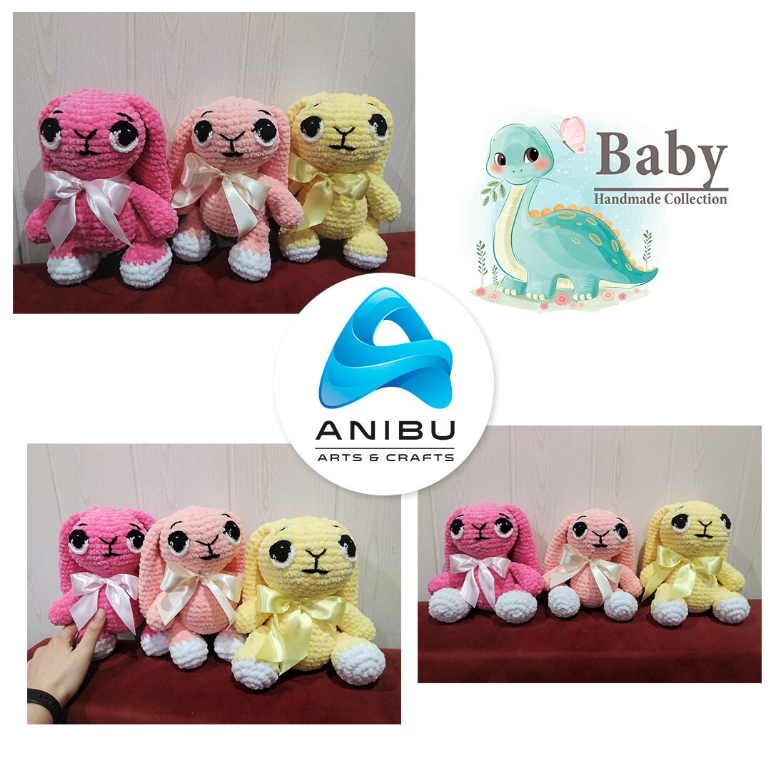 Plush Rabbit With Satin Ribbon Amigurumi Toy, Crochet Knitted Handmade