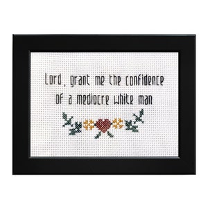 Lord, Grant Me The Confidence of a Mediocre White Man ||  cross stitch with floral detail