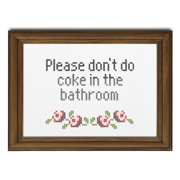 Please Don't Do Coke in the Bathroom || Cross stitch with floral detail