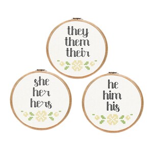 Preferred Pronouns || Cross stitch with floral detail