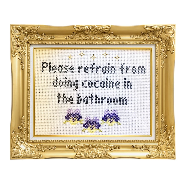Please Refrain from Doing Cocaine in the Bathroom ||  Cross stitch with floral detail