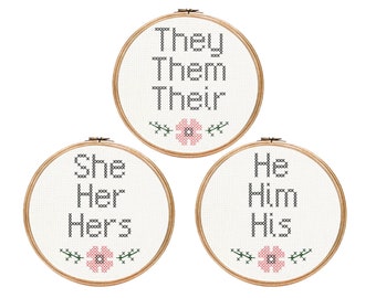 Preferred Pronouns || Cross stitch with floral detail