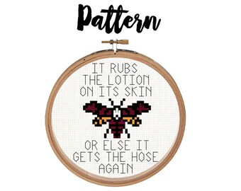 It rubs the lotion on its skin or else it gets the hose again  || Cross stitch needlepoint pattern