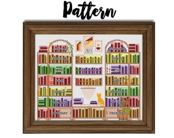 Daily Weather or Mood Tracker Bookshelf || 365 Days of tracking bookshelf cross stitch pattern