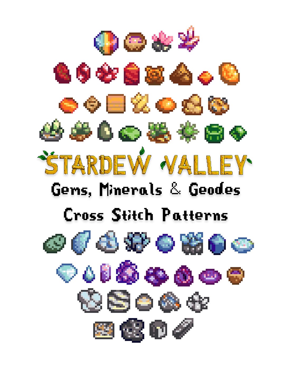 Stardew Valley Gems, Minerals & Geodes Cross Stitch Needlepoint Pattern