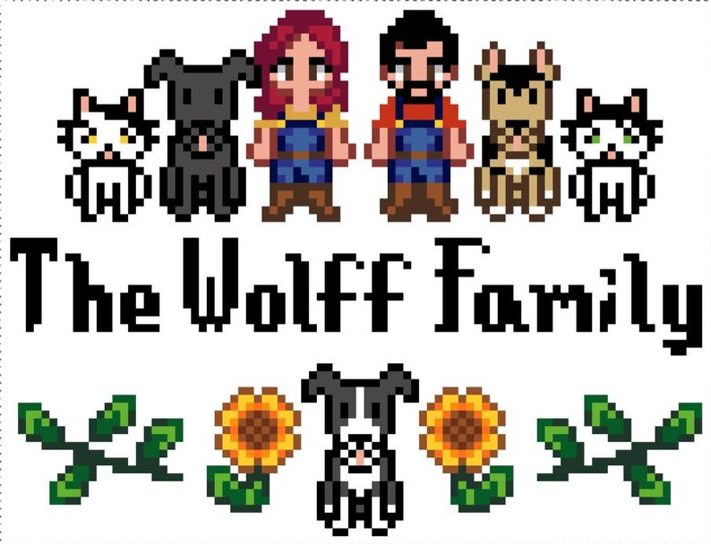 Custom Stardew Valley Family Cross Stitch Pattern Pets Included 画像 5