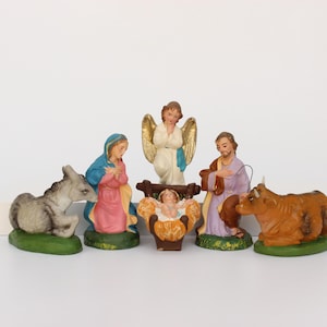 The Holy Family! Set of 6 Vintage Nativity PLASTER & Paper Mache Figurines, 4 1/4" Tall, CHRISTMAS Ornaments, Made in Italy