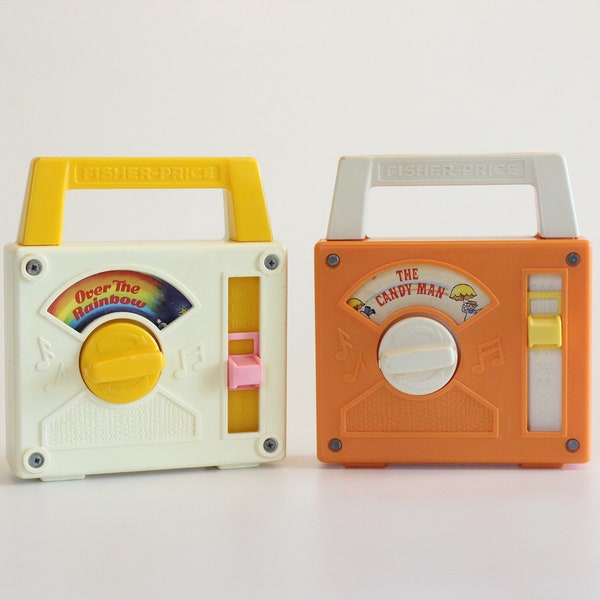 FONCTIONNENT! 2 Radios Fisher Price Vintage #790 The Candy Man, #794 Over the Rainbow, Tote-A-Tune Music Box Radio, 1979-1991