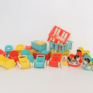 Complete collection of 18 Vintage Fisher Price Nursery Set accessories and one BABY, #761 Play Family NURSERY Set, 1972, Made in U.S.A.