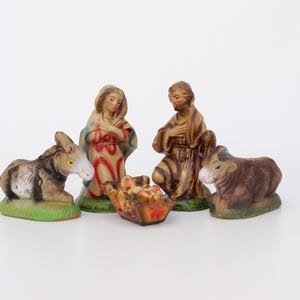 The Holy Family! Set of 5 Vintage Nativity PLASTER & Paper Mache Figurines, 4 1/8" Tall, CHRISTMAS Ornaments, Made in Taiwan