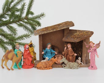 Small Vintage NATIVITY Scene, 12 Plastic Figurines in a Wooden Manger, CHRISTMAS Ornaments, Made in Italy