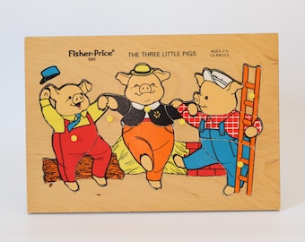 Vintage Fisher Price Pick-Up and Peek PUZZLE, #520 The Three Little Pigs, Vintage Wooden Puzzle, 1972-1984