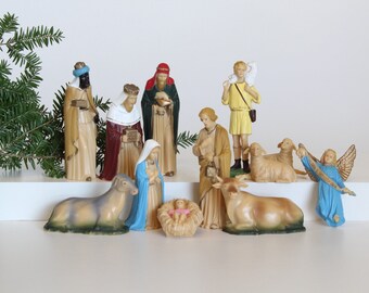 BEAUTIFUL! Set of 12 Vintage NATIVITY Figurines, 4" Tall, CHRISTMAS Ornaments, Made in Hong Kong