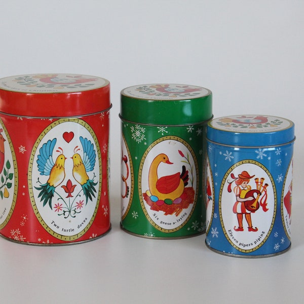 Ensemble de 3 Boîtes gigognes vintage "Les 12 jours de NOËL", Boîtes de métal, Décor de Noël