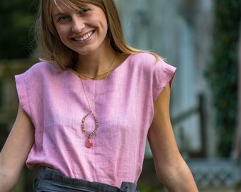 Loose linen shirt in old rose color,  Flax Linen Top, style minimaliste, basic linen blouse, casual linen loose top, Pure Linen Shirt