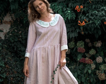 Maxi retro linen Dress with handcrafted Peter Pan collar, Flax Eco-Friendly Clothing