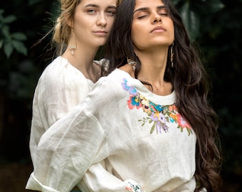Dressy Linen Long Sleeve Top, Peasant Style Blouse with Hand Embroidered Flowers, Bohemian Clothing for Summer Vacation, Natural Flax Fabric