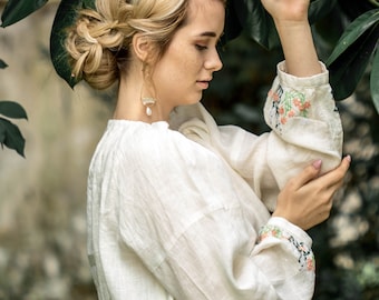 Linen handcrafted embroidery blouse in boho style, Floral Sleeve Top,  Floral Embroidery Sleeve,  Long Sleeve with Embroidery, linen  women