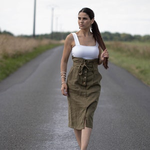 Linen midi OLIVE high waisted skirt, midi flax skirt, 100 %linen bio, buttoned skirt midi