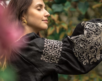 Linen embroidered top in boho style, Black floral blouse with Puff Sleeve, Natural Flax Linen Shirt, Botanical Embroidery eco linen shirt