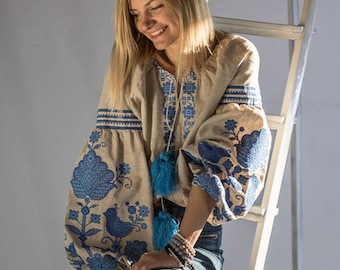 Camisa bordada de lino boho hecha a mano INDIGO con mangas abullonadas