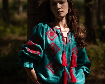 Linen embroidered top in turquoise DIVNA, Dressy Linen Long Balloon Sleeve Top, Natural Flax Fabric Blouse with abstract shapes