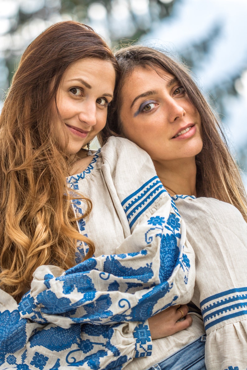 Linen embroidered top in boho style, Dressy Linen Long Sleeve Top, Vita KIn Style Blouse with Embroidered Birds, Natural Flax Fabric image 2