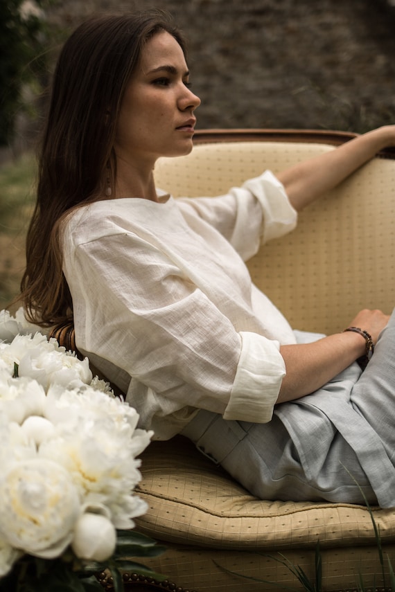 Loose White Linen Shirt, Handmade White Blouse, Basic Linen Top