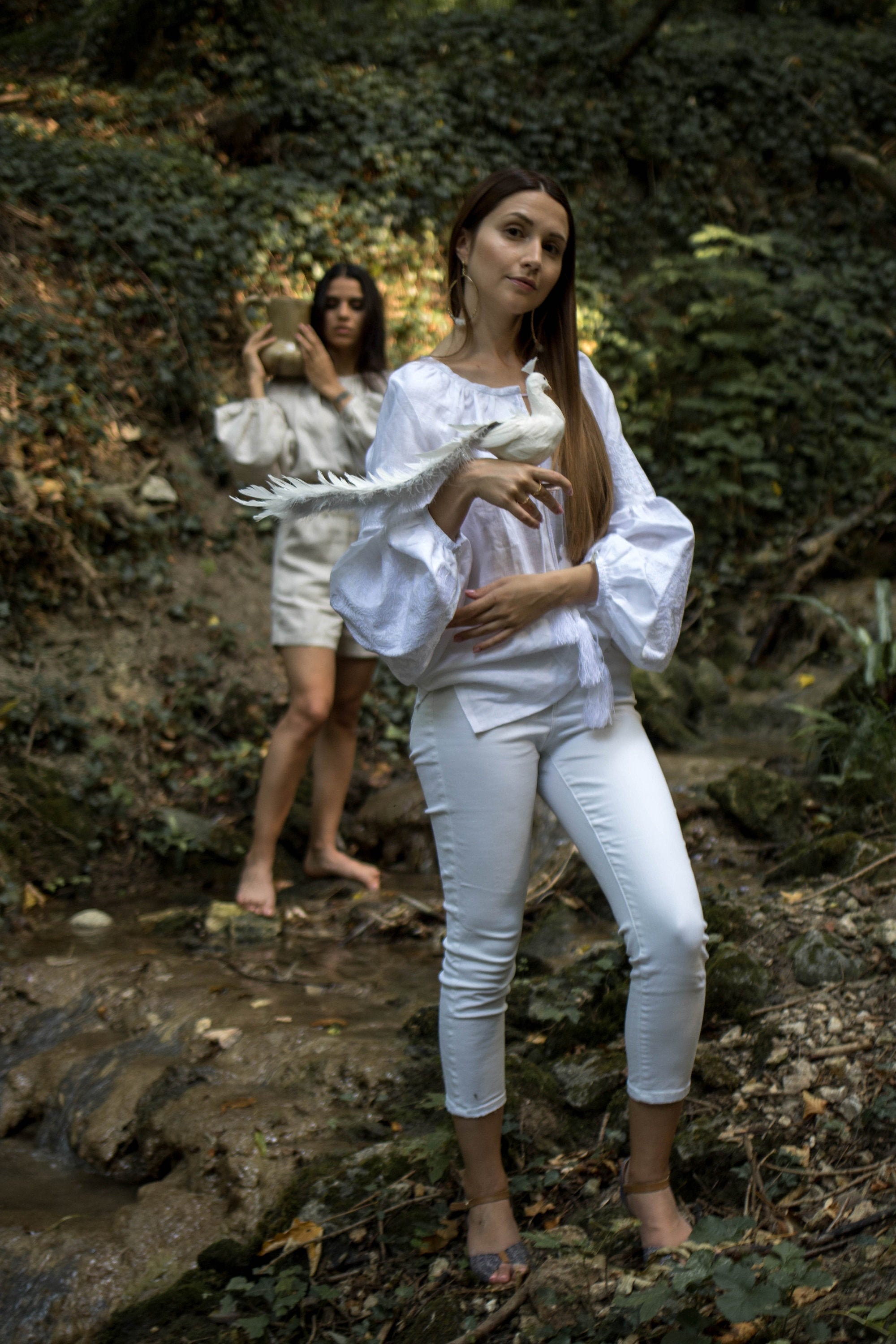 Linen Embroidered Top in Vita Kin Style, White Long Sleeve
