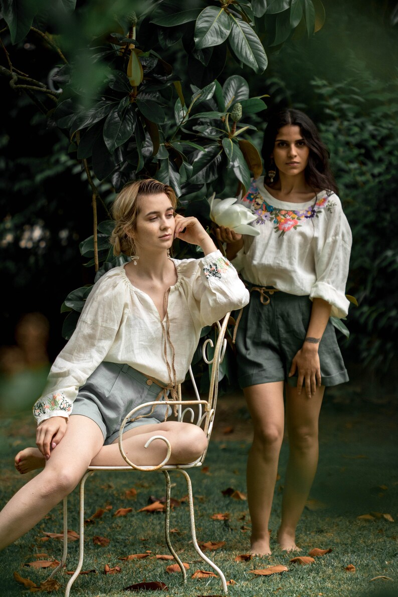 Linen handcrafted embroidery blouse in boho style Floral image 5