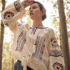 Linen embroidered top in boho style CELESTE , White Blouse with Long Puff Sleeve, Natural Flax Linen Shirt, Embroidery Eco Linen Blouse image 6
