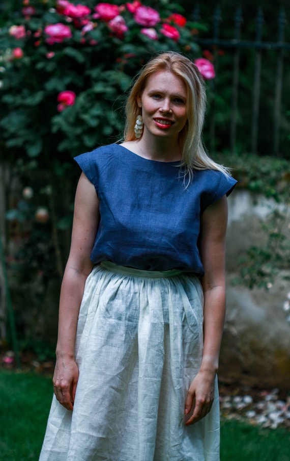 Haut pur lin bleu foncé confection artisanale