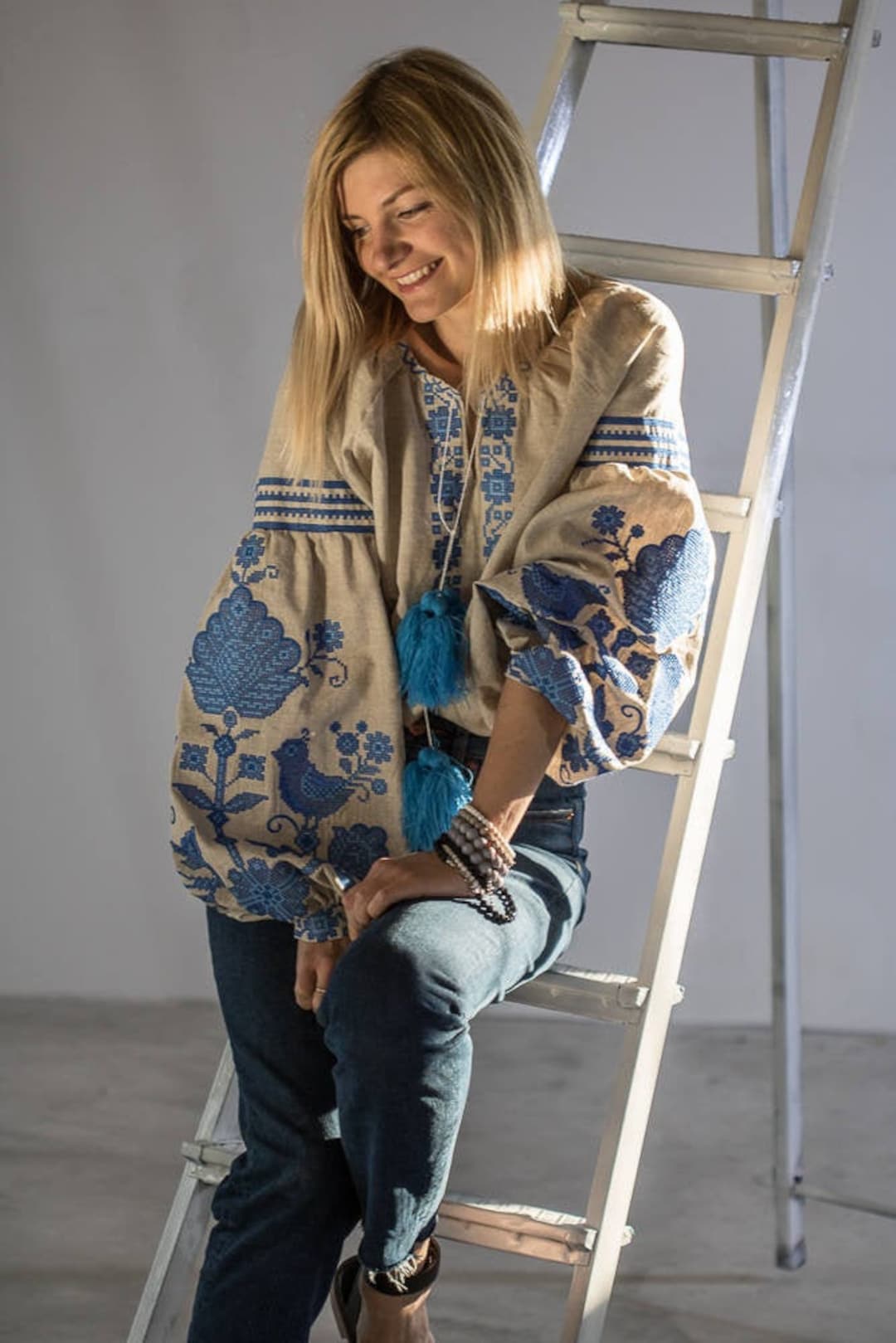 Linen Embroidered Top in Boho Style, Dressy Linen Long Sleeve Top