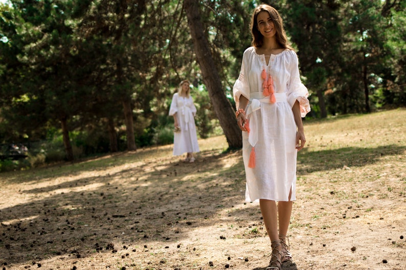 White linen dress, Romantic Bridal Dress, embroidered linen dress, bridesmade boho dress, ehtno chic style dress, mariage boho dress image 4