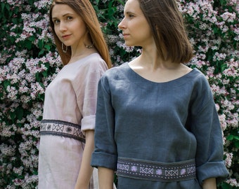 Linen midi gray dress with handcrafted belt, bohostyle flax dress, romantic dress, linen summer vegan dress, flax midi linen dress