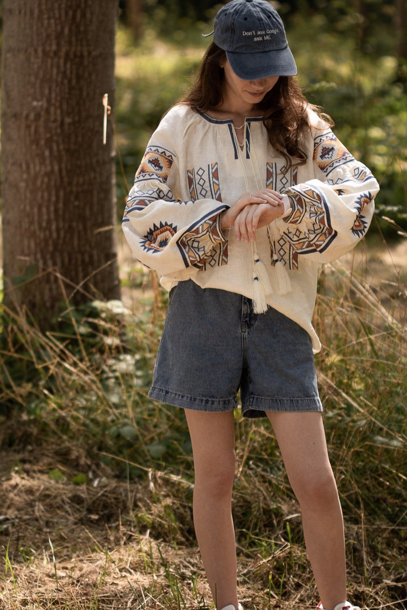 Linen embroidered top in boho style CELESTE , White Blouse with Long Puff Sleeve, Natural Flax Linen Shirt, Embroidery Eco Linen Blouse image 9