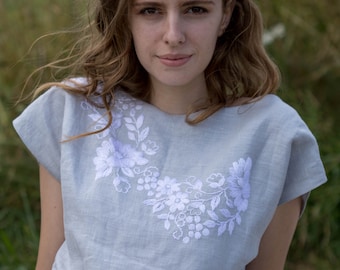 Linen handmade embroidered top, Sleeveless linen Blouse, Dressy Linen Embroidered top,  Peasant Style Blouse with Hand Embroidered Flowers